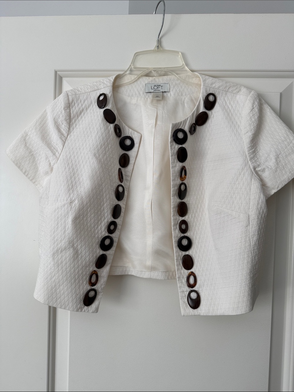 LOFT White Short-Sleeve Textured Crop Jacket with Tortoiseshell Accents